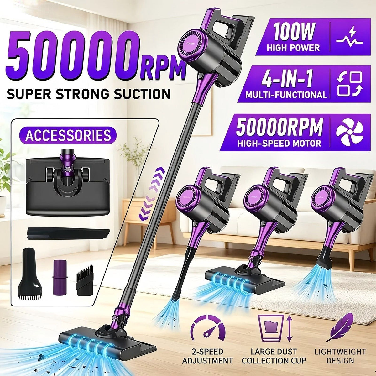4-in-1 cordless vacuum cleaner, 50000RPM motor, 10000Pa suction, 180° rotating brush head, dual speed settings, lightweight and convenient./white