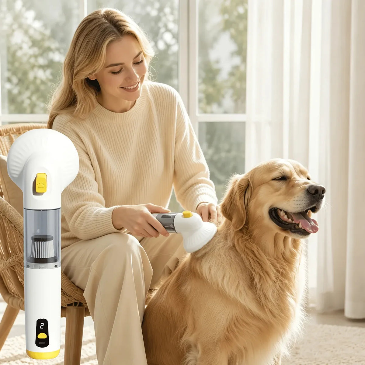 3-in-1 Pet Hair Vacuum: 37,000 RPM Powerful Suction, Vacuum & Brush Simultaneously, Low-Noise ABS Body to Reduce Stress, Type-C Fast Charging, All-in-One Grooming & Whole-Home Cleaning/yellow+white