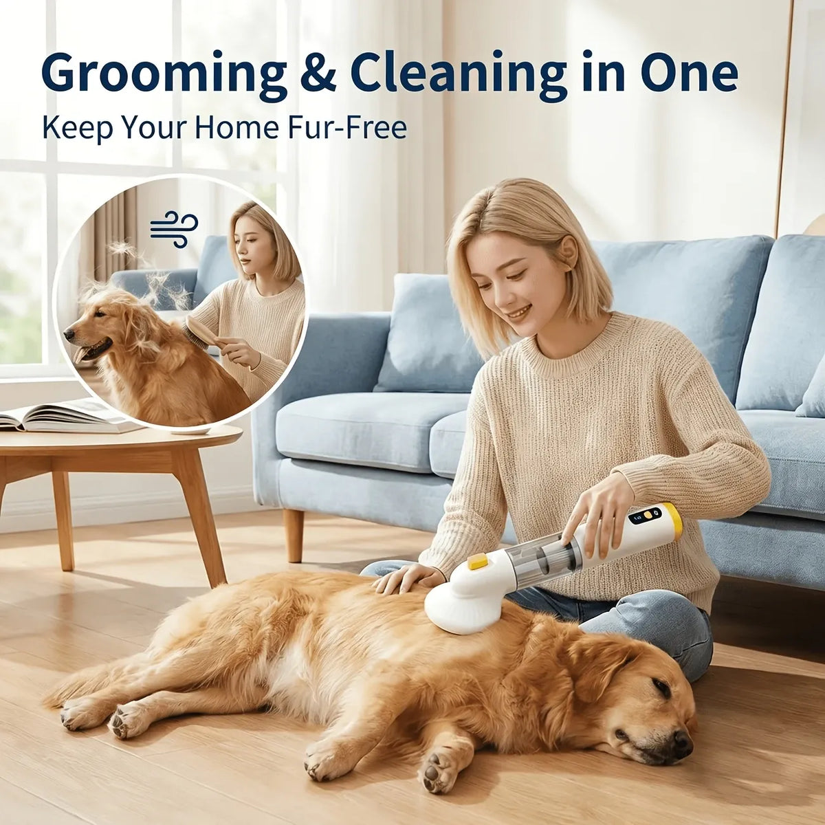 3-in-1 Pet Hair Vacuum: 37,000 RPM Powerful Suction, Vacuum & Brush Simultaneously, Low-Noise ABS Body to Reduce Stress, Type-C Fast Charging, All-in-One Grooming & Whole-Home Cleaning/yellow+white