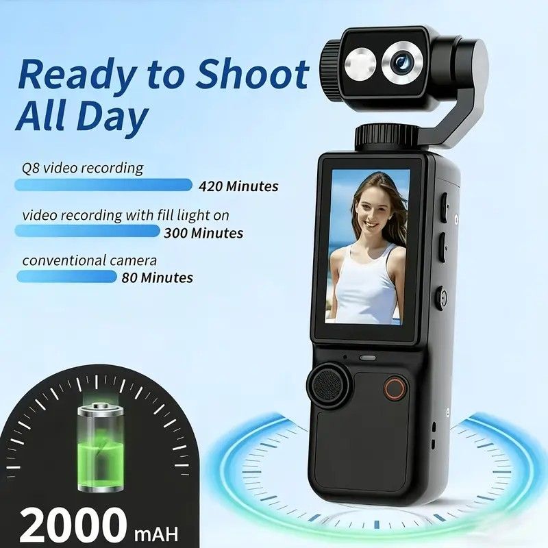 Full HD Handheld Action Camera with 16GB Memory, Portable Pocket Gimbal Camera for Outdoor Travel Vlogging, Featuring a Handheld Gimbal and 1.9-inch Screen.WHITE