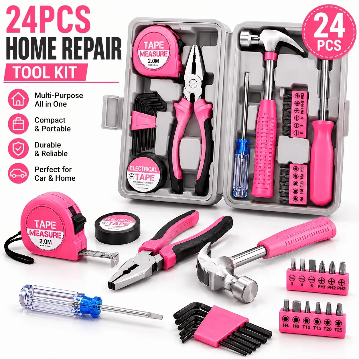 24-Piece Premium Carbon Steel Tool Set: High-End Pink Design, Rust-Resistant & Durable, Ergonomic Grip, Portable Storage, Practical for Home Repairs & Gifting