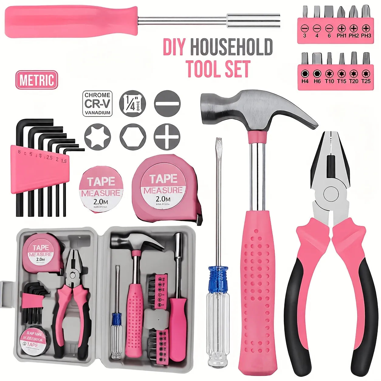 24-Piece Premium Carbon Steel Tool Set: High-End Pink Design, Rust-Resistant & Durable, Ergonomic Grip, Portable Storage, Practical for Home Repairs & Gifting