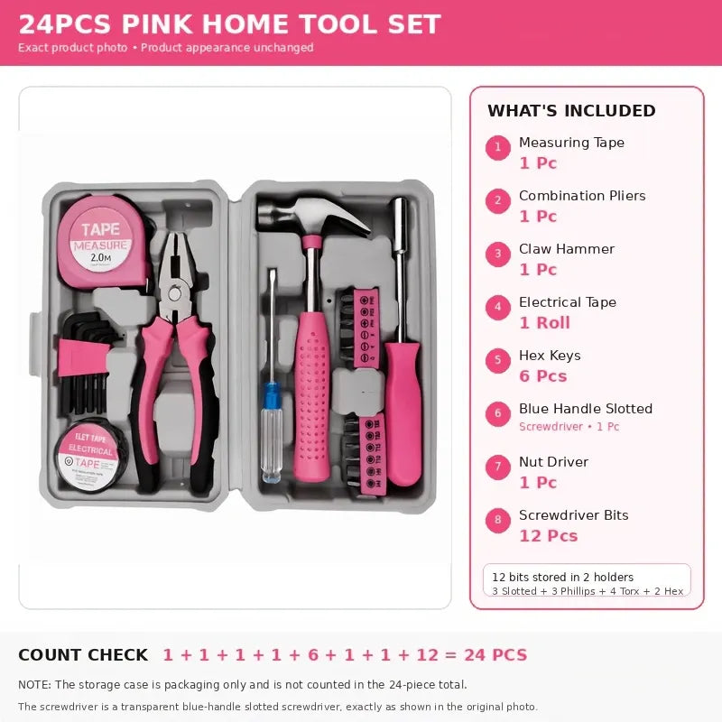 24-Piece Premium Carbon Steel Tool Set: High-End Pink Design, Rust-Resistant & Durable, Ergonomic Grip, Portable Storage, Practical for Home Repairs & Gifting
