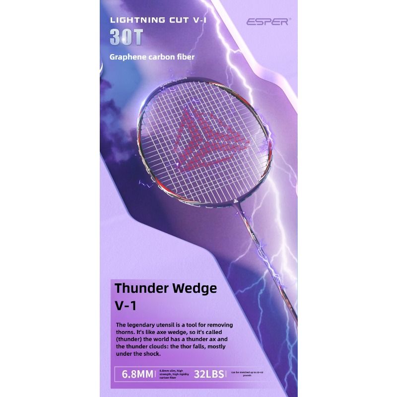 ESPER V-1 Thunder Wedge 5U Ultra-Light Badminton Racket, 30T Graphene Carbon Fiber, 6.8mm Slim Shaft, Balanced Offense and Defense, Lightweight Recreational Racket.(golden)