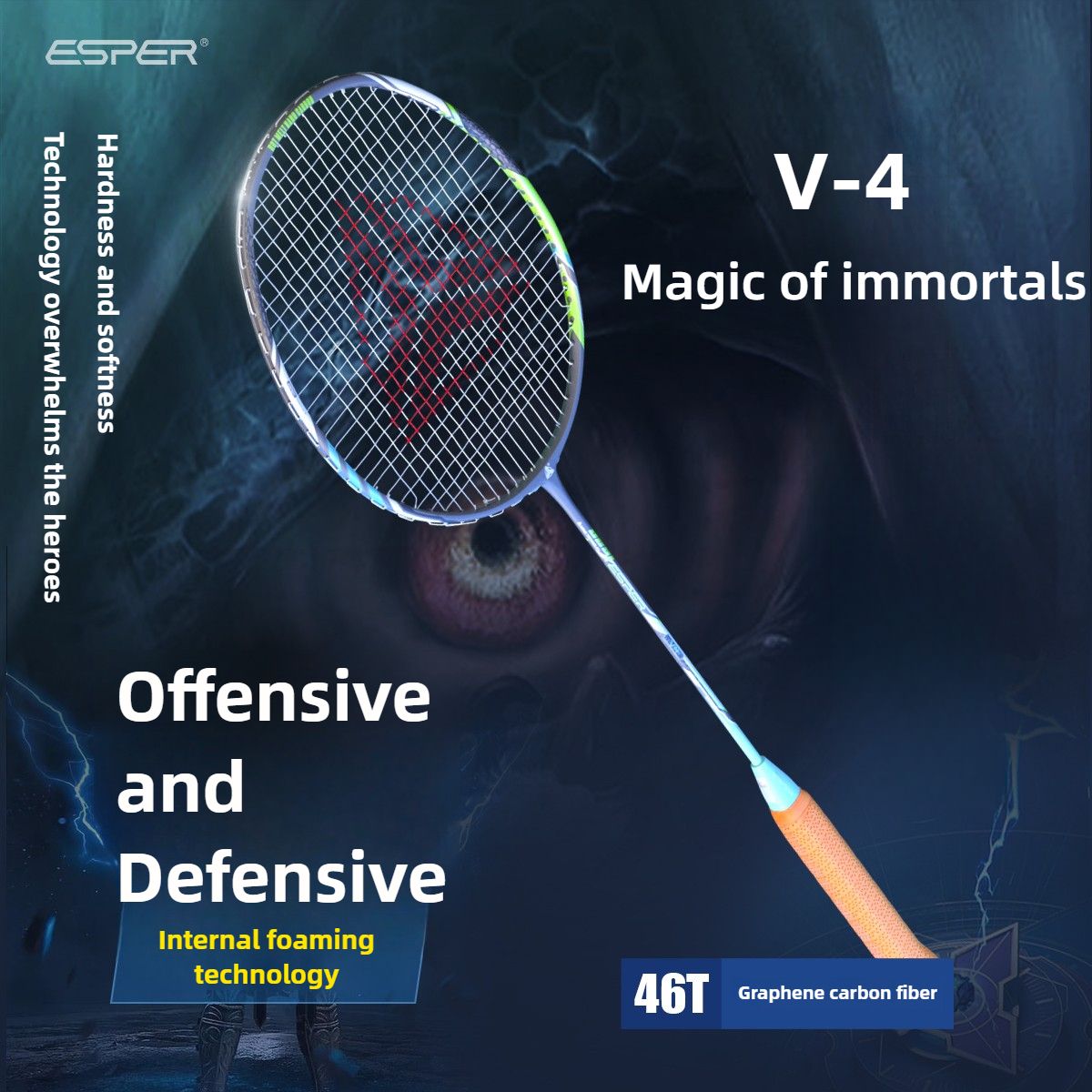 ESPER V4 Badminton Racket 82g Lightweight 4U Full Carbon Fiber All-Around Professional Match Training Durable Stylish Racket(Phosphor blue)