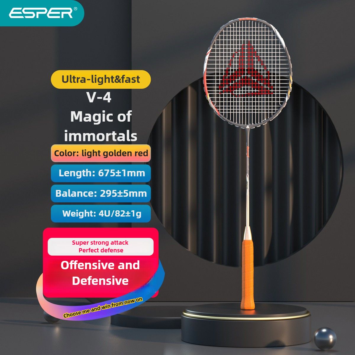 ESPER V4 Badminton Racket 82g Lightweight 4U Full Carbon Fiber All-Around Professional Match Training Durable Stylish Racket(Phosphor blue)