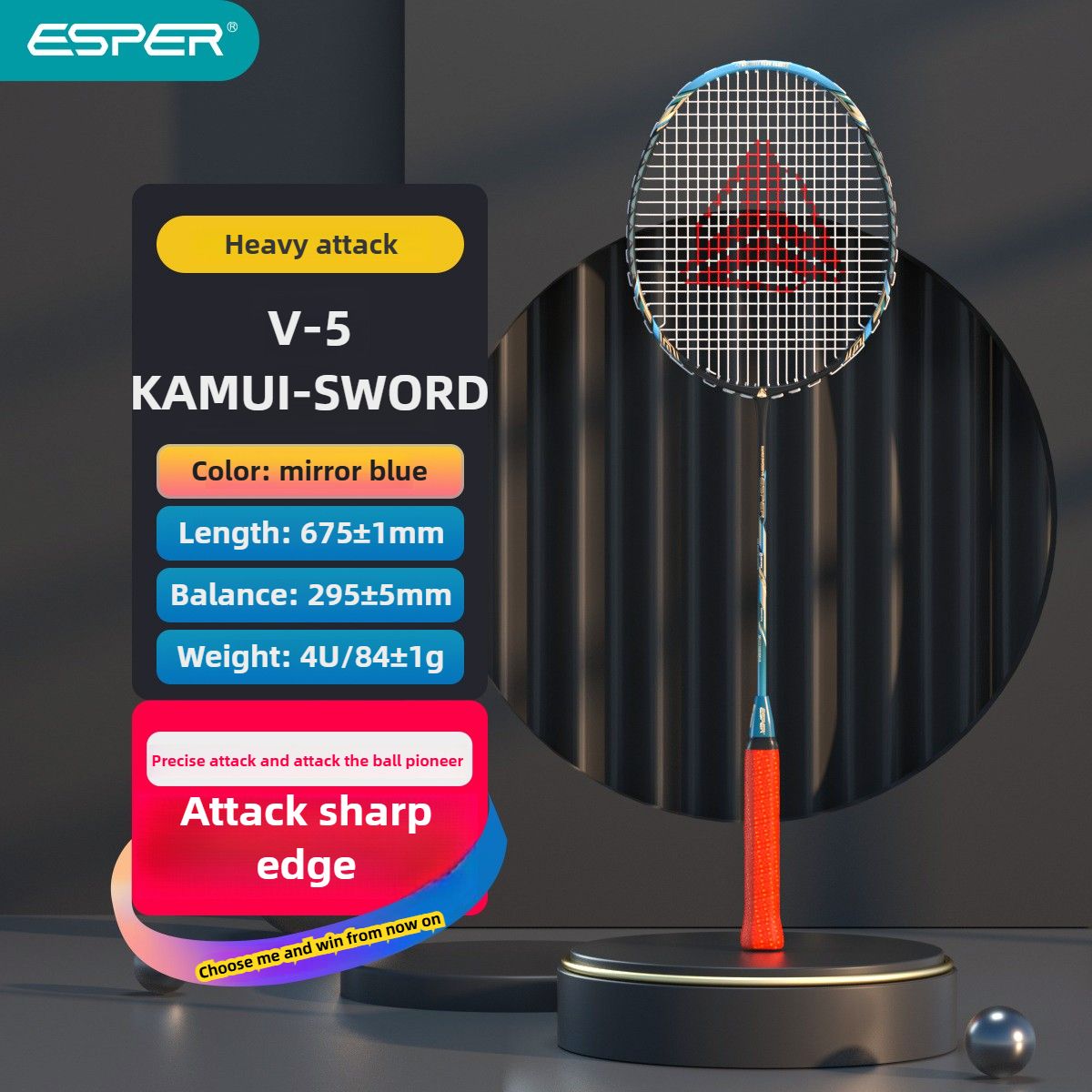 ESPER V5 Badminton Racket 84g Lightweight 4U Full Carbon Fiber Offensive Type Precise Placement Professional Match Training Durable Stylish Racket(sky blue)