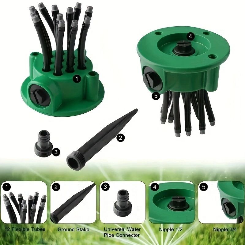 🌿 12-Tube 360° Rotating Sprinkler, Ground Spike, 1m Spray, Automatic Garden & Lawn Watering Tool