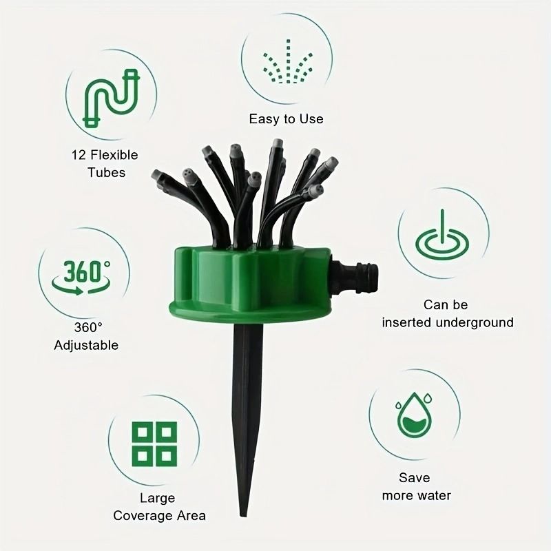 🌿 12-Tube 360° Rotating Sprinkler, Ground Spike, 1m Spray, Automatic Garden & Lawn Watering Tool
