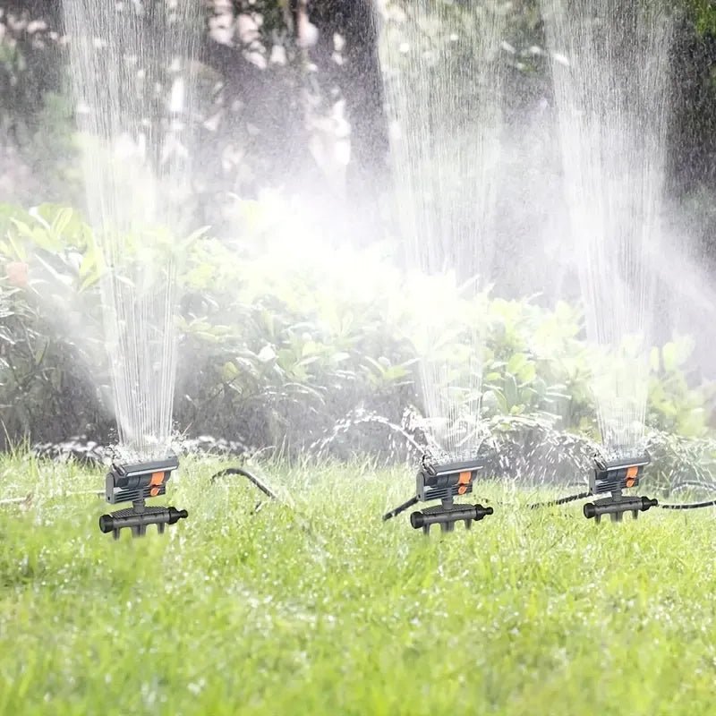 180° rotating 16-nozzle garden sprinkler, ground spike automatic irrigation, wide coverage even spray, 3-prong stable base, quick-connect easy installation, multi-sprinkler series connection, water-saving for lawn, garden, and vegetable watering.