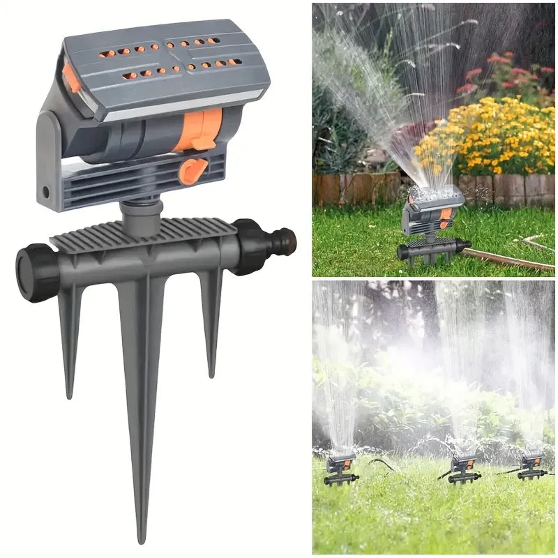 180° rotating 16-nozzle garden sprinkler, ground spike automatic irrigation, wide coverage even spray, 3-prong stable base, quick-connect easy installation, multi-sprinkler series connection, water-saving for lawn, garden, and vegetable watering.