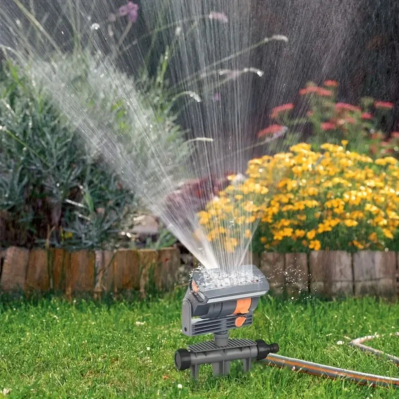 180° rotating 16-nozzle garden sprinkler, ground spike automatic irrigation, wide coverage even spray, 3-prong stable base, quick-connect easy installation, multi-sprinkler series connection, water-saving for lawn, garden, and vegetable watering.