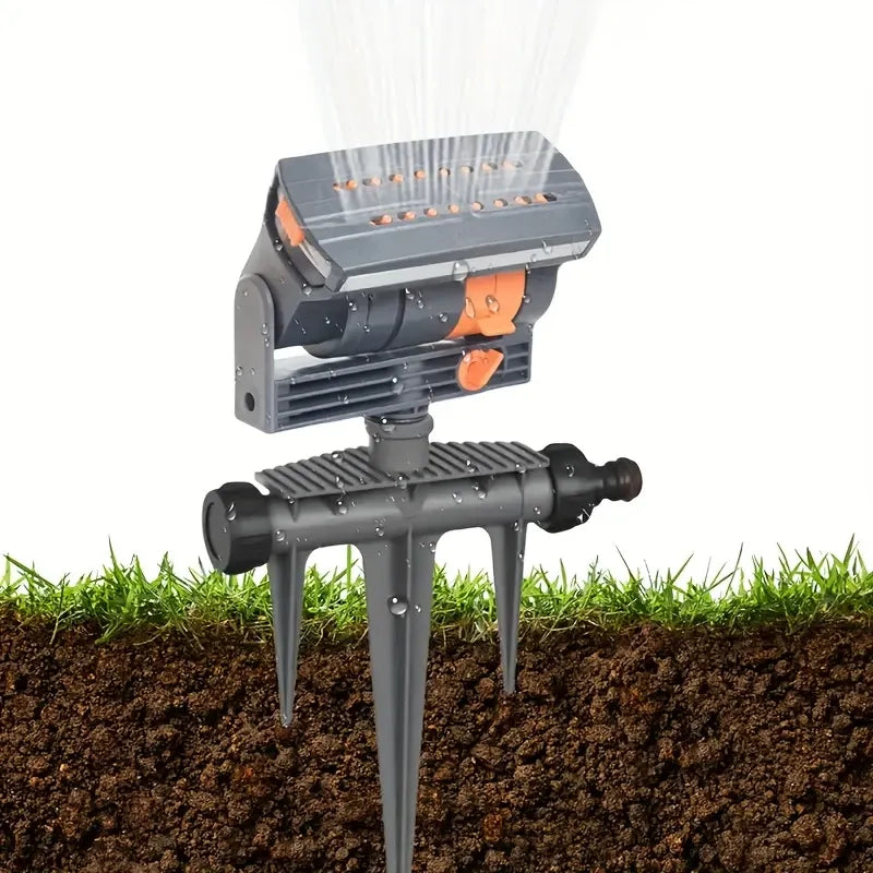 180° rotating 16-nozzle garden sprinkler, ground spike automatic irrigation, wide coverage even spray, 3-prong stable base, quick-connect easy installation, multi-sprinkler series connection, water-saving for lawn, garden, and vegetable watering.