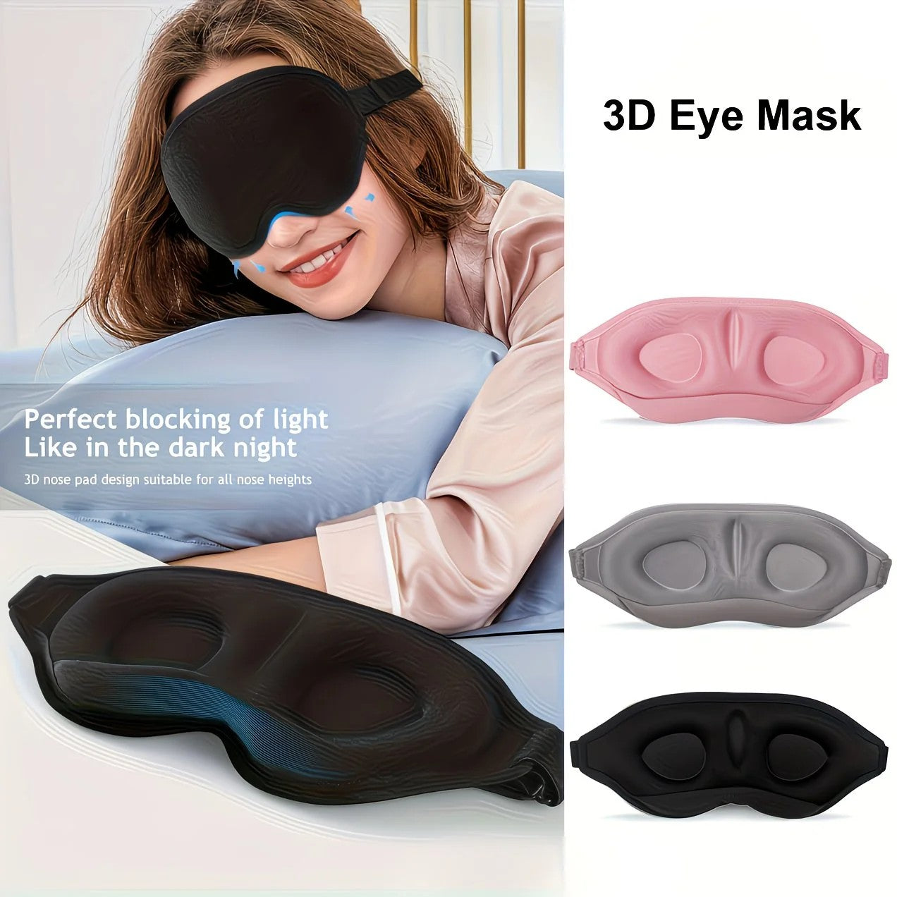 3‑Pack 3D Sleep Mask – Total Blackout, Nose Rest, Zero‑Pressure, Soft & Breathable Black