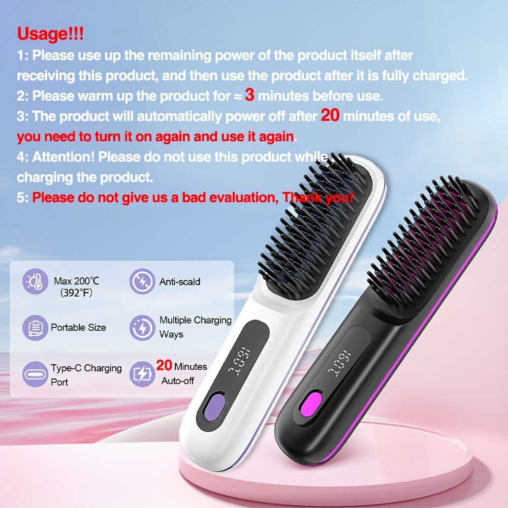 Wireless Hair Straightening Brush, Fast Heating, Women's Exclusive Styling Brush, Portable and Lightweight, Type-C Charging Port, Heat-Proof Design, USB Rechargeable.black