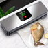 silver Rechargeable Vacuum Sealer with USB Port, designed for preserving food in both dry and wet environments, equipped with an LED screen, ideal for travel and camping.