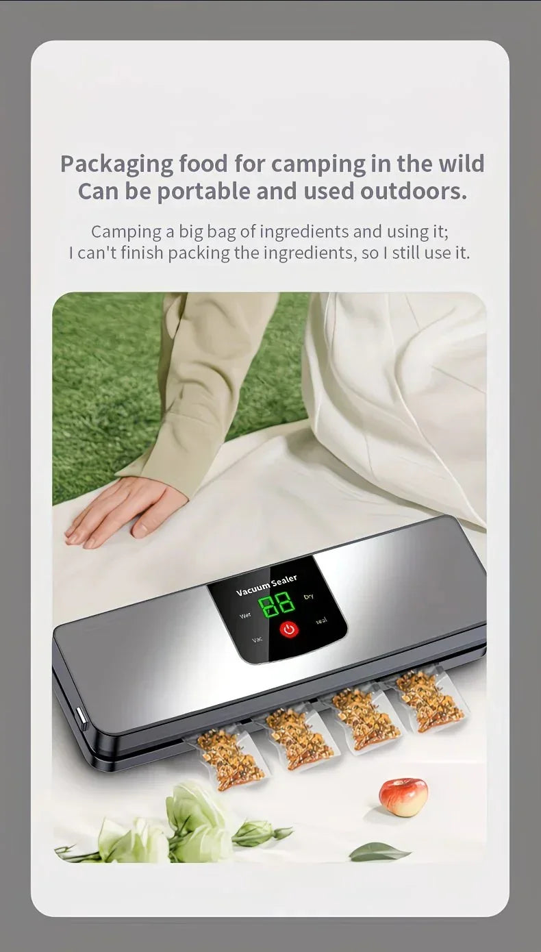 Rechargeable Vacuum Sealer – USB Portable, LED Screen, Wet/Dry Modes, Silver