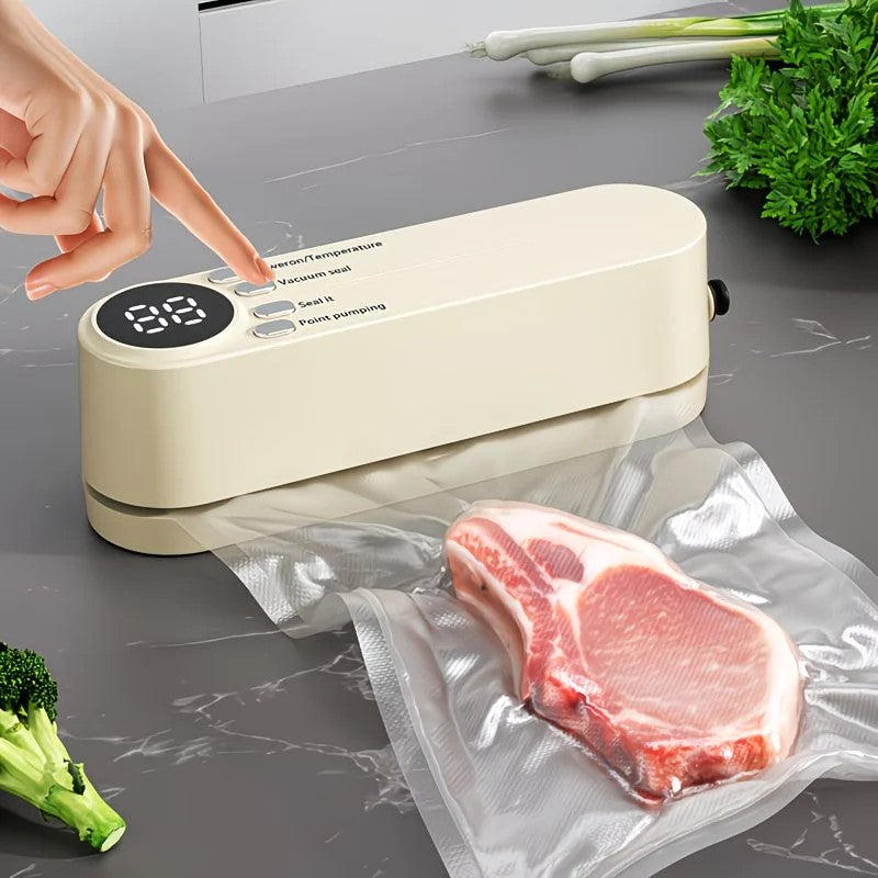 Beige. USB Rechargeable Portable Vacuum Sealer, suitable for vacuum packing snacks, meat, fruits, and vegetables for food preservation.