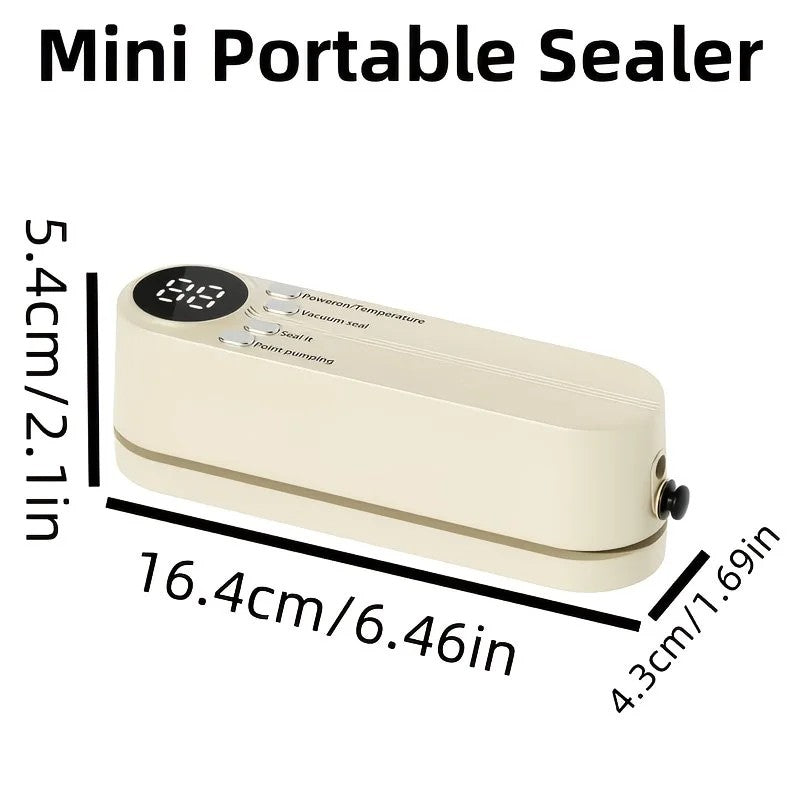 Beige. USB Rechargeable Portable Vacuum Sealer, suitable for vacuum packing snacks, meat, fruits, and vegetables for food preservation.