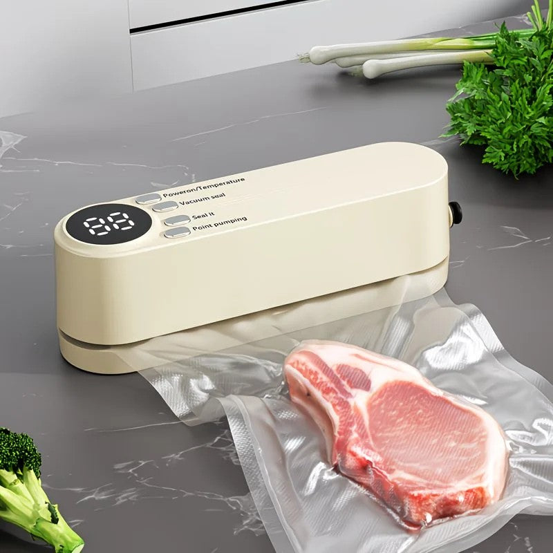 Beige. USB Rechargeable Portable Vacuum Sealer, suitable for vacuum packing snacks, meat, fruits, and vegetables for food preservation.
