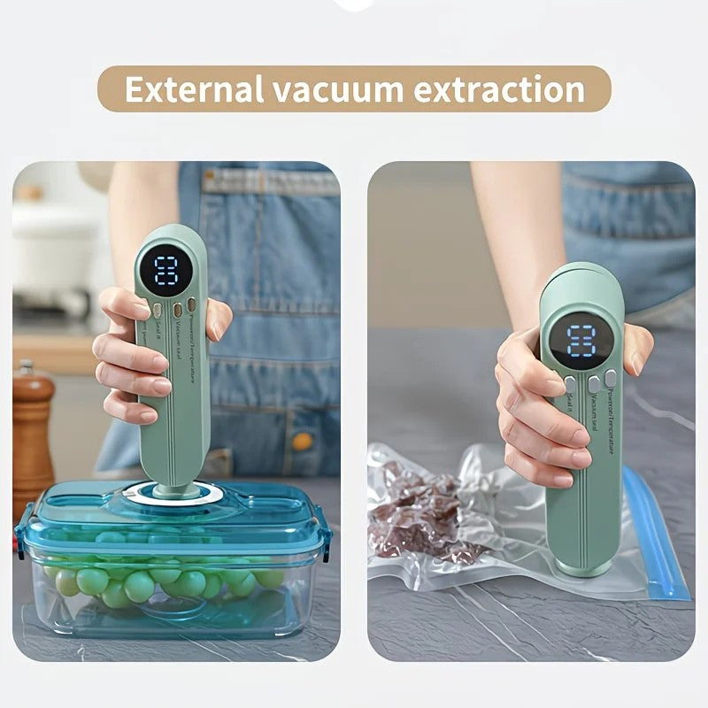 Beige. USB Rechargeable Portable Vacuum Sealer, suitable for vacuum packing snacks, meat, fruits, and vegetables for food preservation.