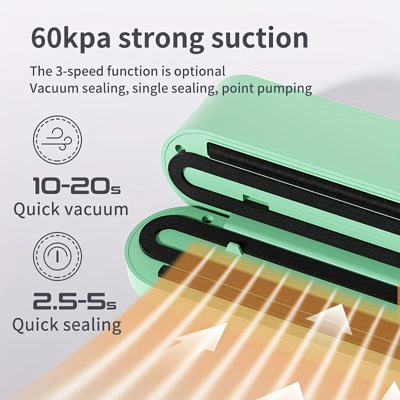 Beige. USB Rechargeable Portable Vacuum Sealer, suitable for vacuum packing snacks, meat, fruits, and vegetables for food preservation.