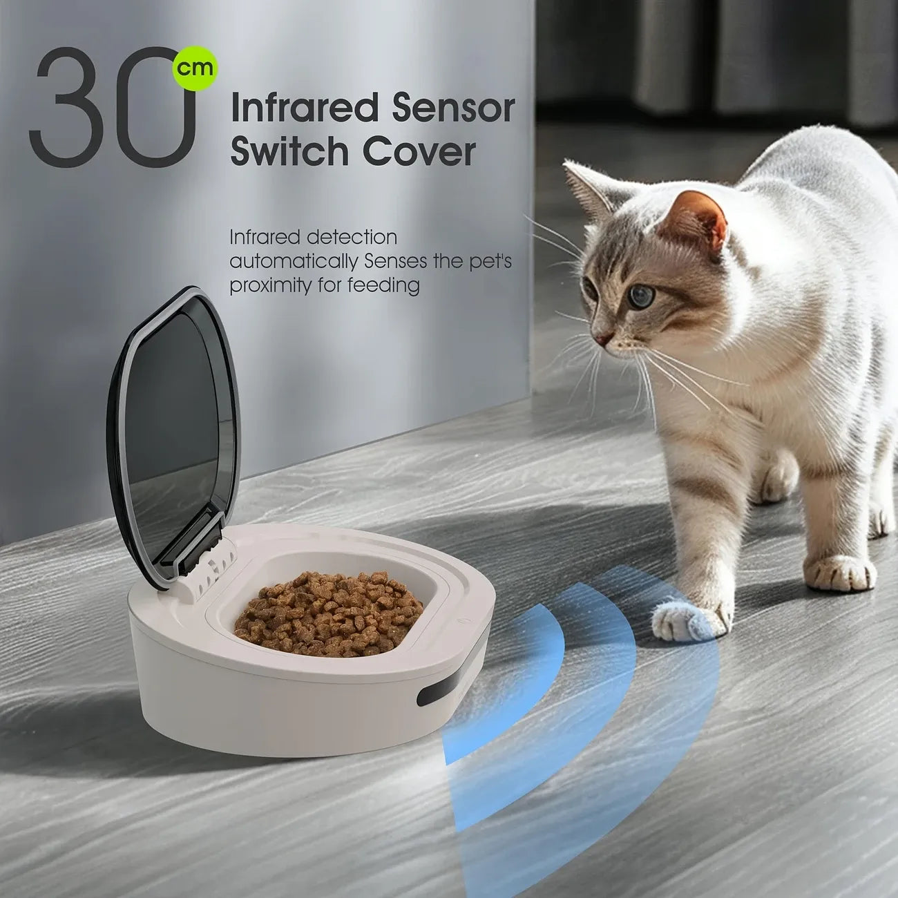 Smart Sensor Pet Feeder: 30cm Infrared Auto Open/Close / Airtight Freshness / Dual Power / Detachable Inner Bowl, 300ml Dust & Pest Proof, Worry-Free Feeding!