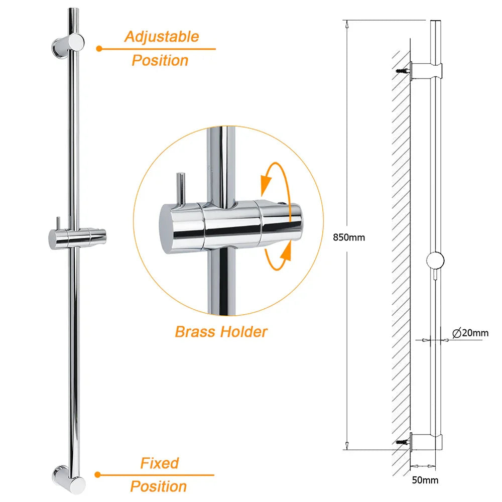 Strong Brass Chrome Round 850mm Long Sliding Rail Bar Holder For Handheld Shower