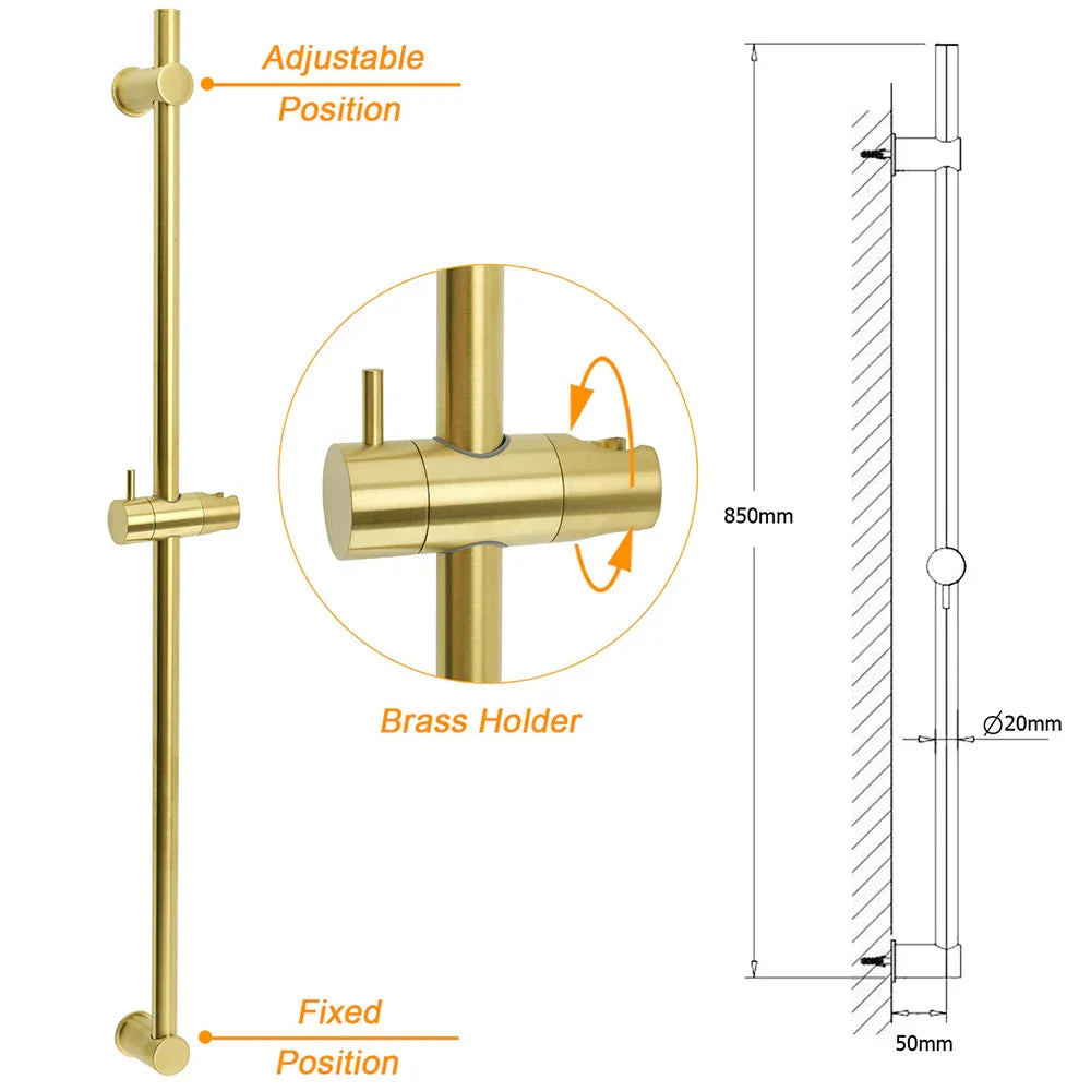 Brushed Gold Brass 850mm Long Sliding Rail Bar Swivel Handheld Shower Holder Kit