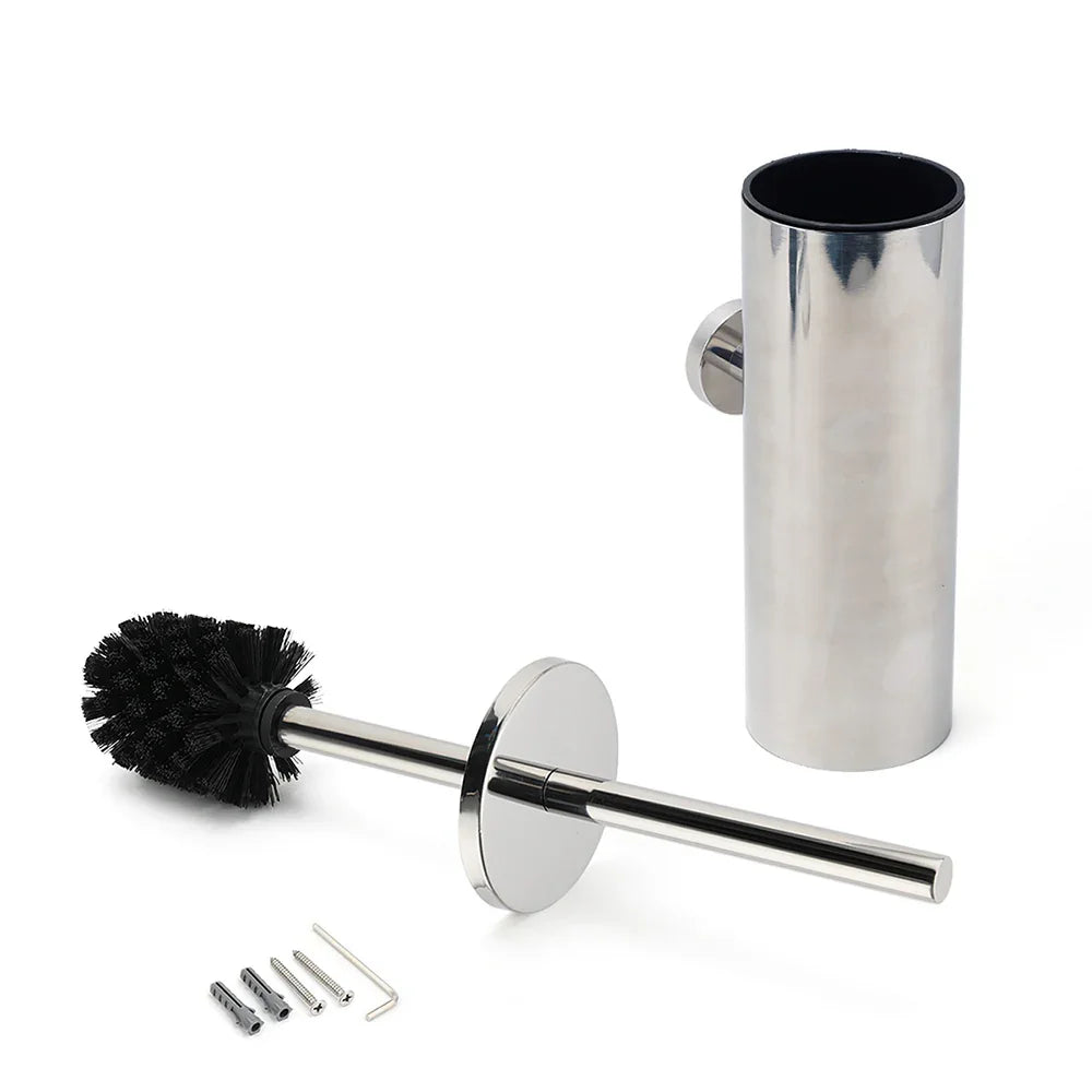 Polished Chrome Silver Round Toilet Brush Wall Mount Holder Cup Stainless Steel