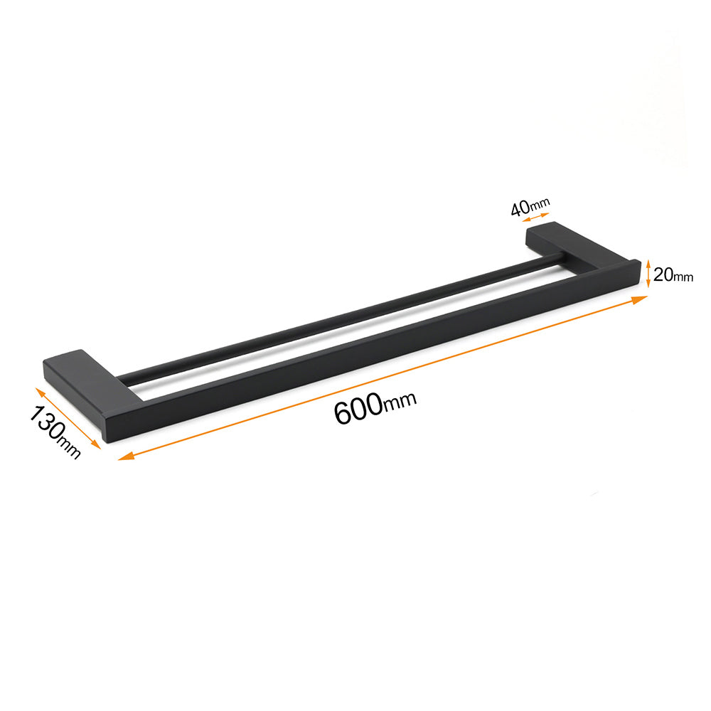 Matt Black Cubic Square 600mm Double Towel Rail Rack Hanger Holder Bar Wall Kit