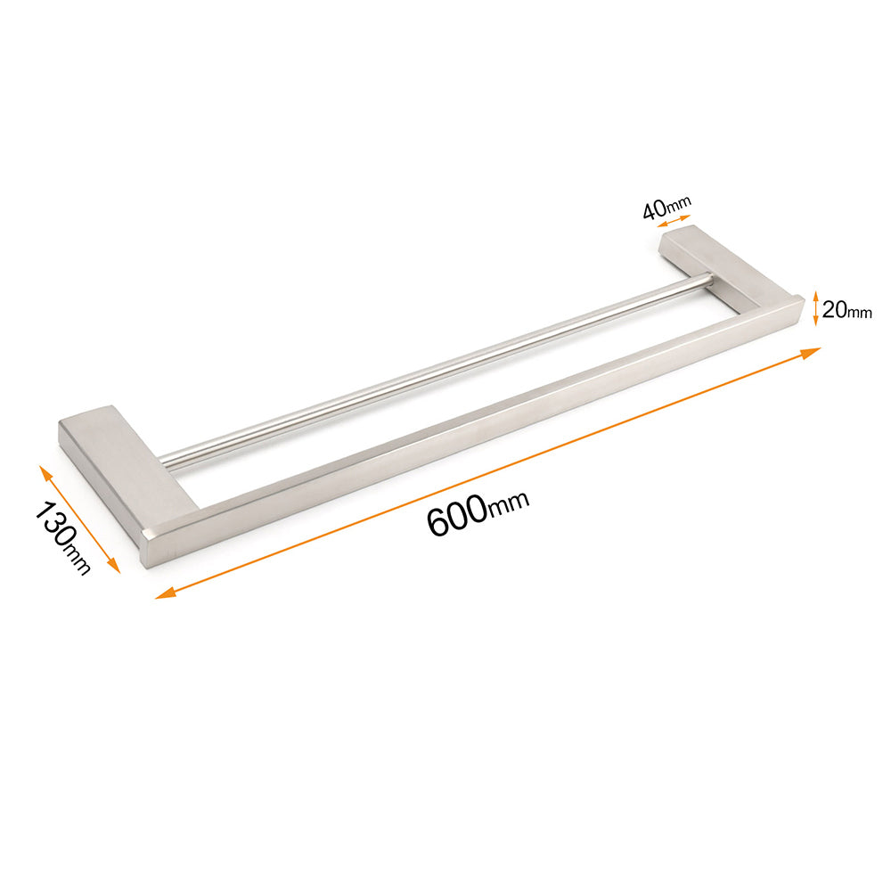 Brushed Nickel Square Towel Rail Rack 600mm Double Hanger Holder Bar Bathroom