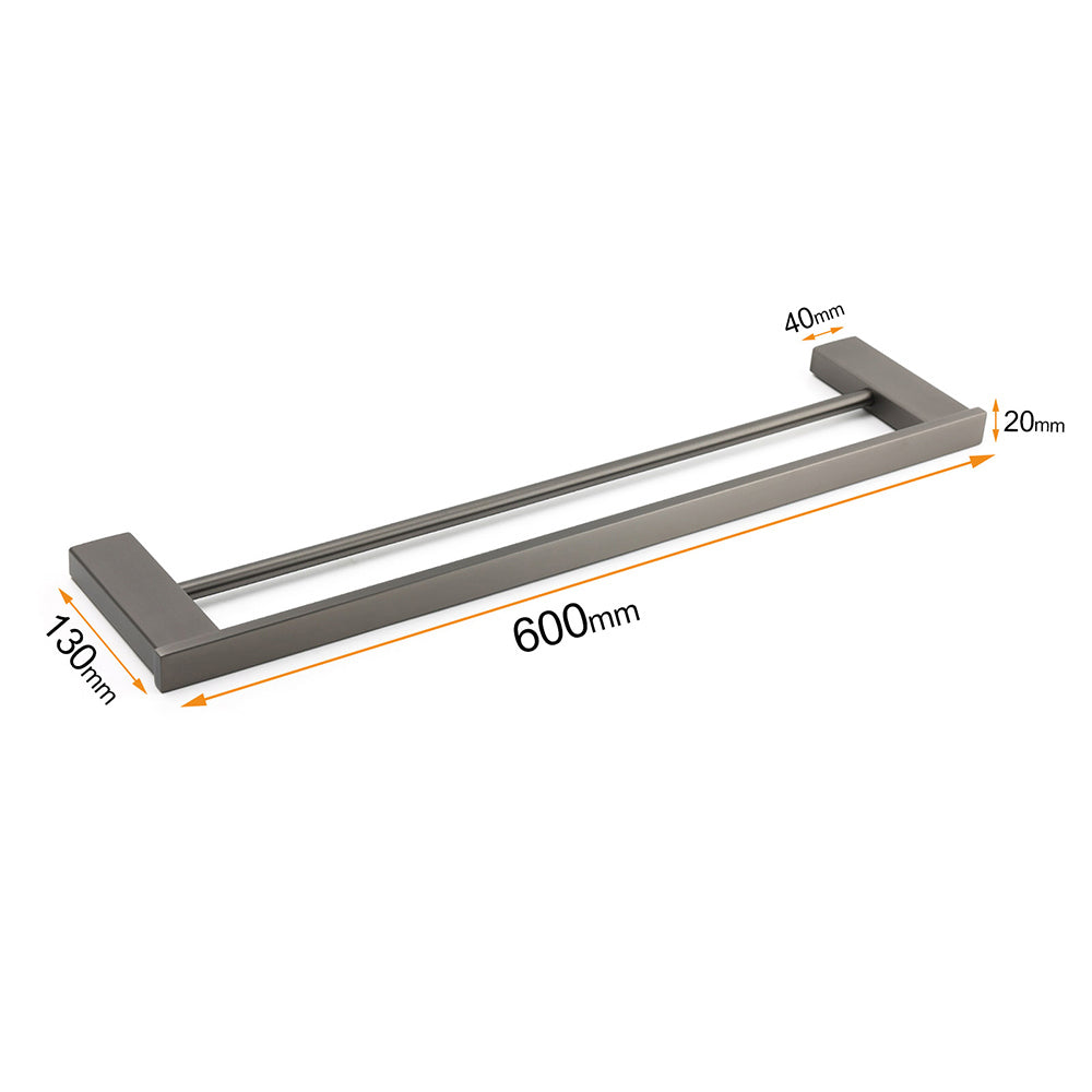 Gun Metal Grey Square Strong Towel Rail Rack 600mm Double Hanger Holder Bar Kit