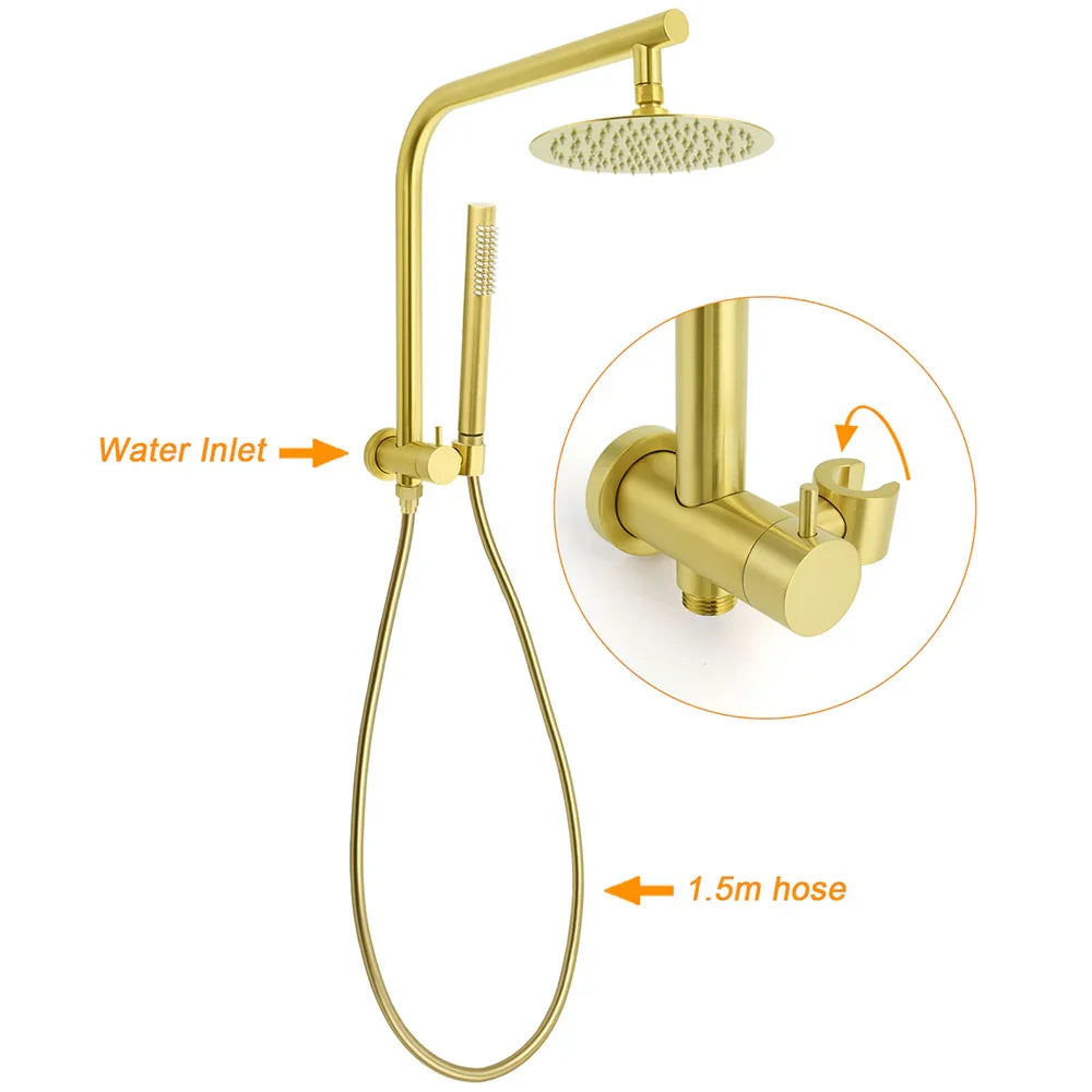 WELS Brushed Gold Round Twin Shower Head Set Diverter Wall Arm Stainless Steel Handheld Rose