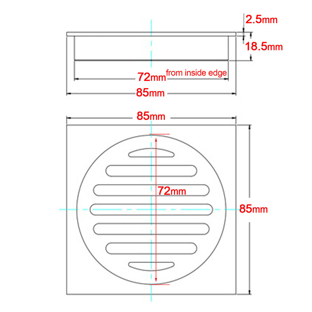 Matt Black Stainless Steel 85x85mm Small Square Shower Grate Floor Drain 72mm Outlet
