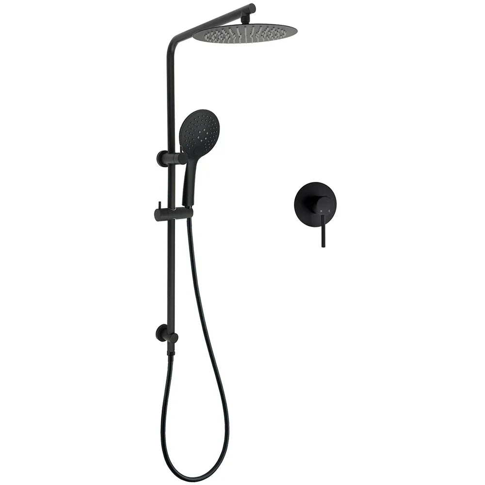 Matt Black Twin 10 Inch Shower Head 3 Modes Handheld 2in1 Wall Rail Arm Round Mixer