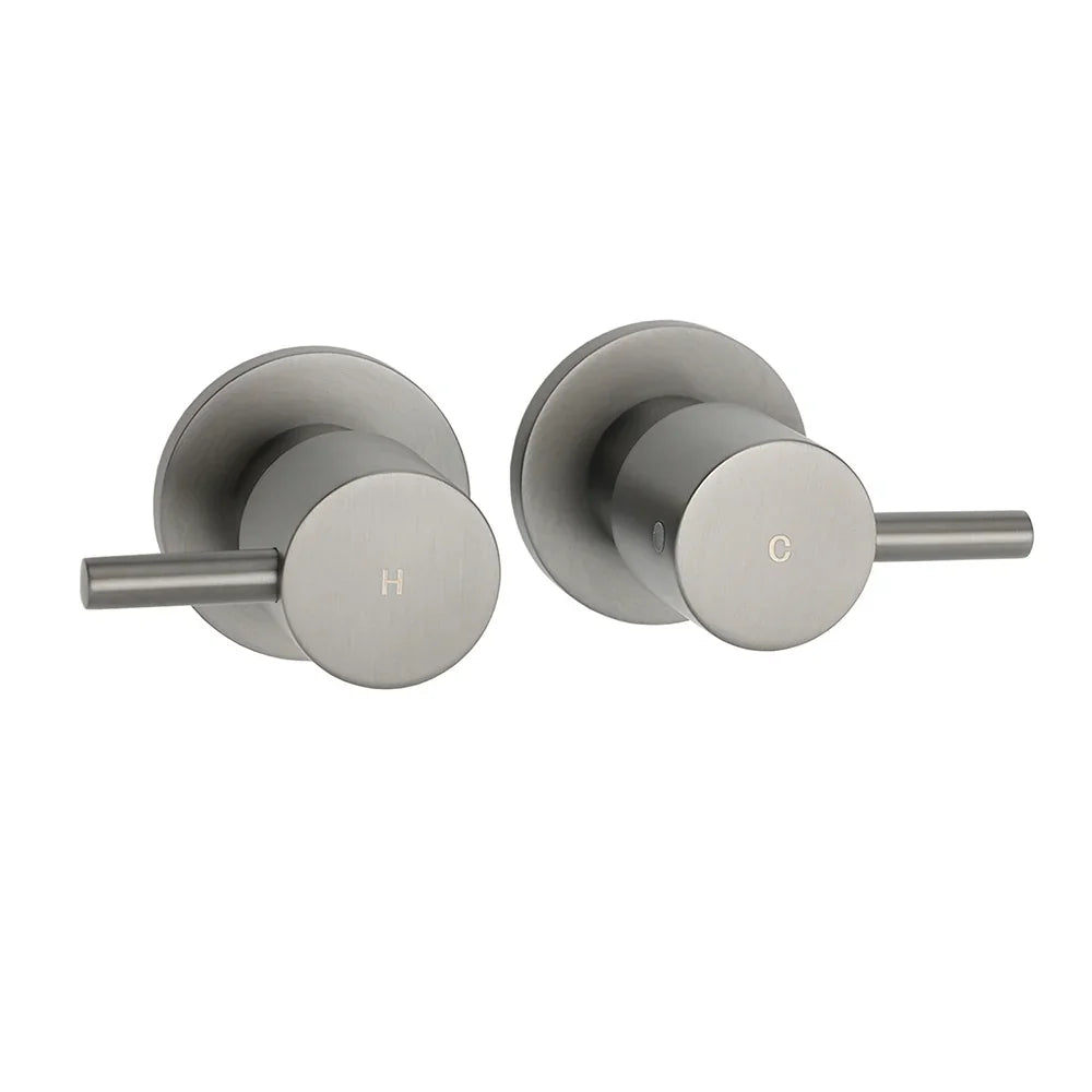Gun Metal Grey Brass 1/4 Turn Round Hot Cold Tap Wall Set For Shower Vanity Spout