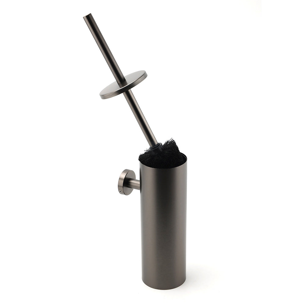 Bathroom Accessory Gun Metal Round Toilet Brush & Stainless Steel Holder Cup Kit