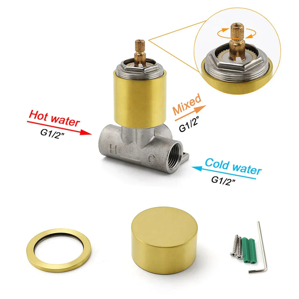 Brushed Gold Round Knob Turn Shower Hot Cold Mixer Tap Valve Ceramic Cartridge