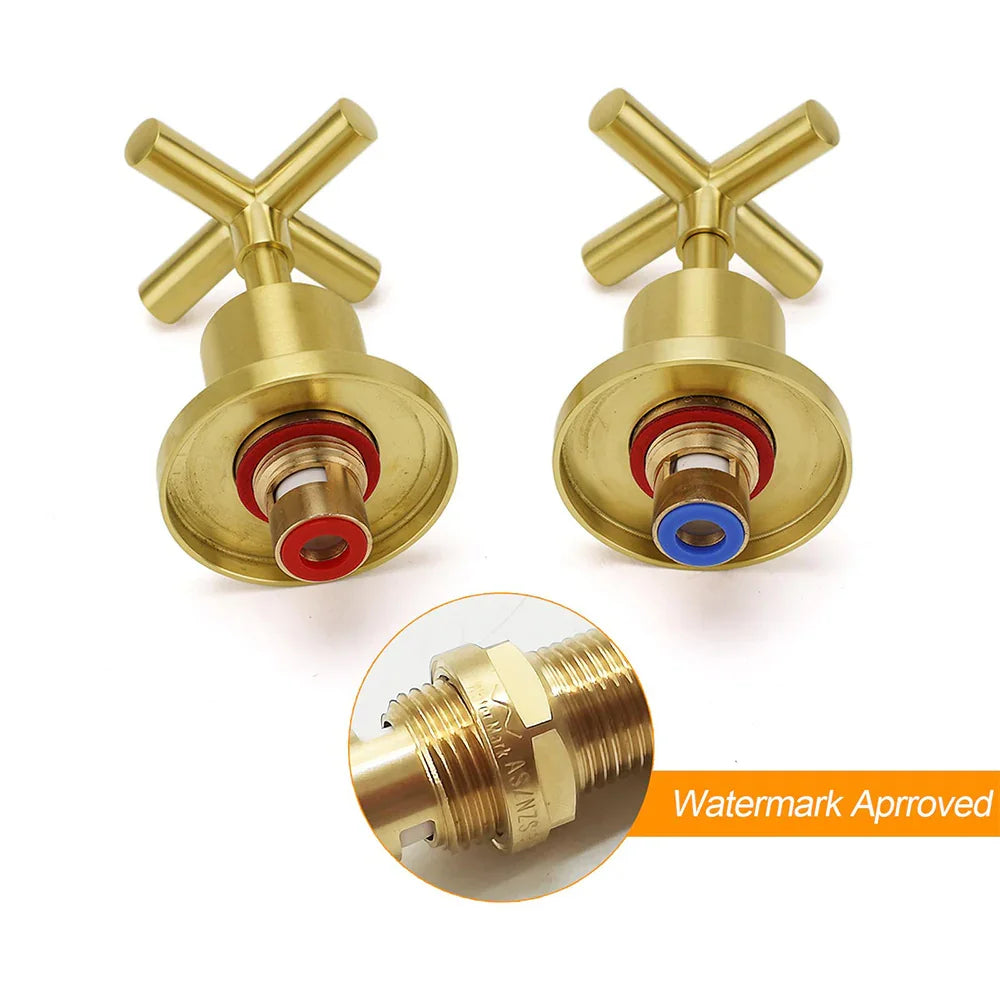 Brushed Gold Shower 1/4 Turn Twin Taps Basin Bath Spout Hot Cold Water Mixer Set