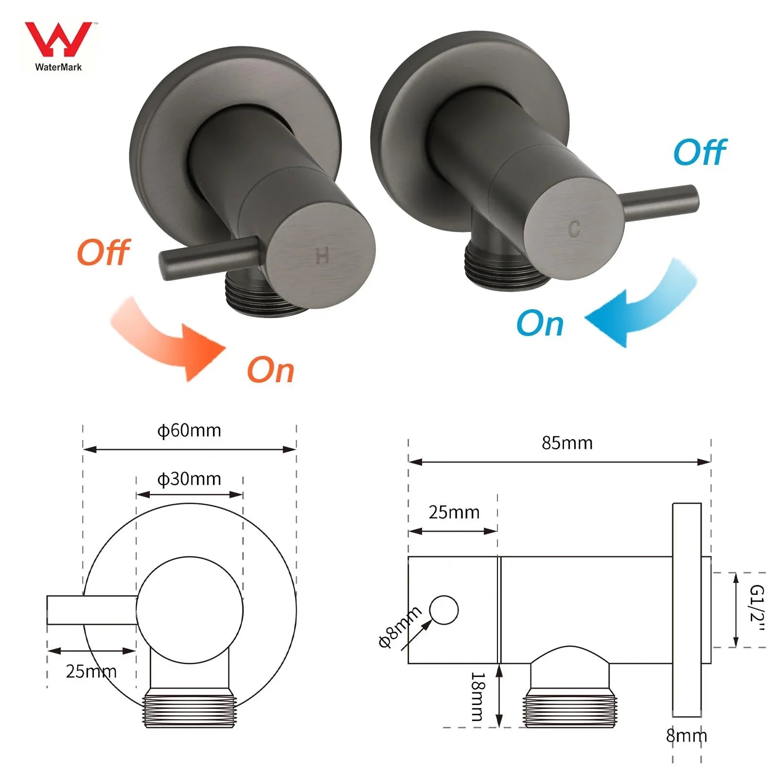 Gun Metal Grey Washing Machine 1/4 Turn Hot Cold Water Mixer Tap Set Watermark
