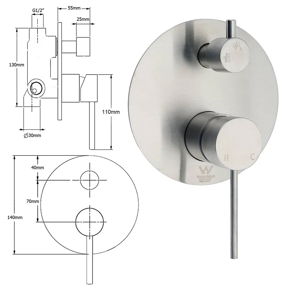 AU Round Stainless Steel Shower Mixer Diverter Brushed Nickel For Bathroom Sets