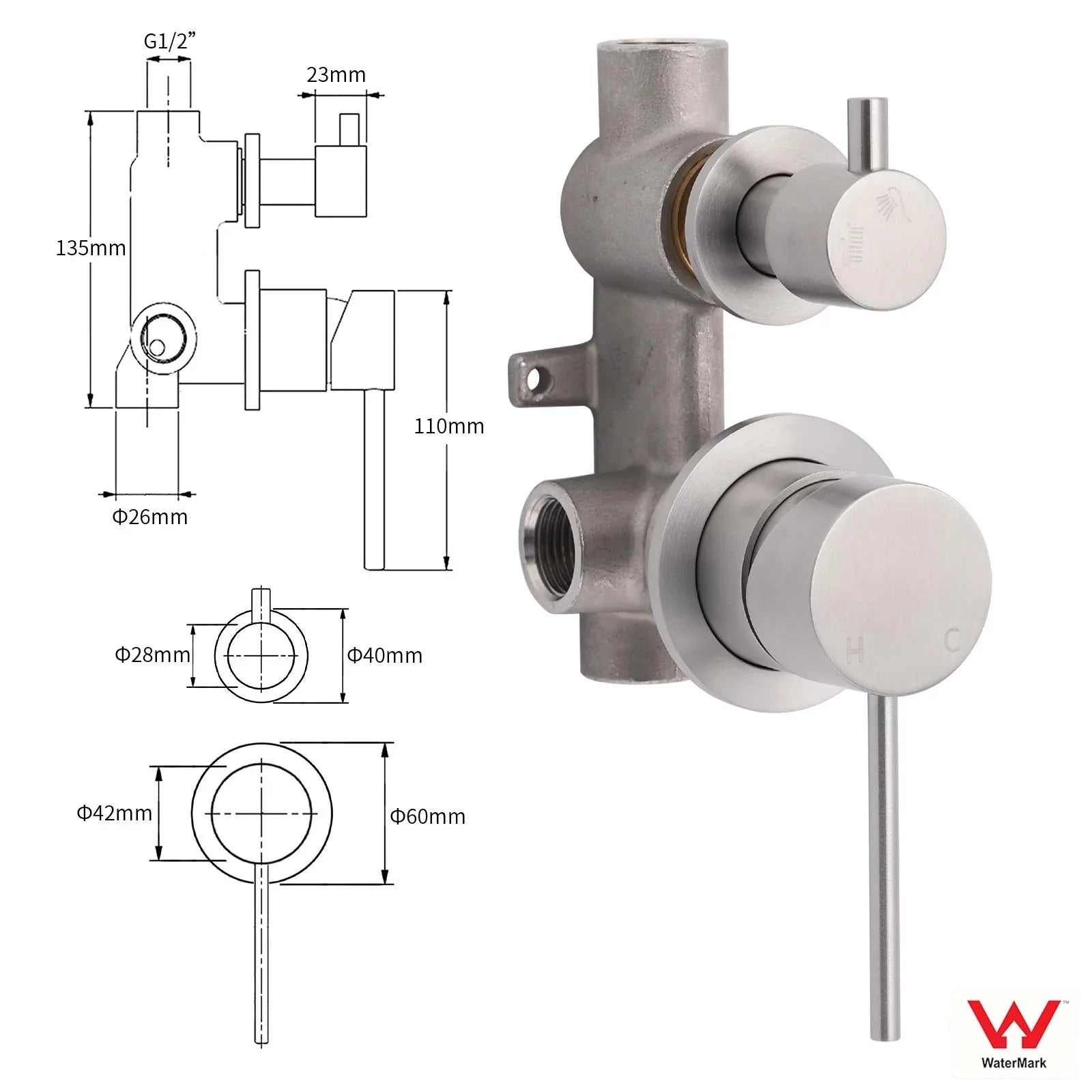 Brushed Nickel Round Bathroom Small Face Shower Mixer 2 Way Diverter Switch Set