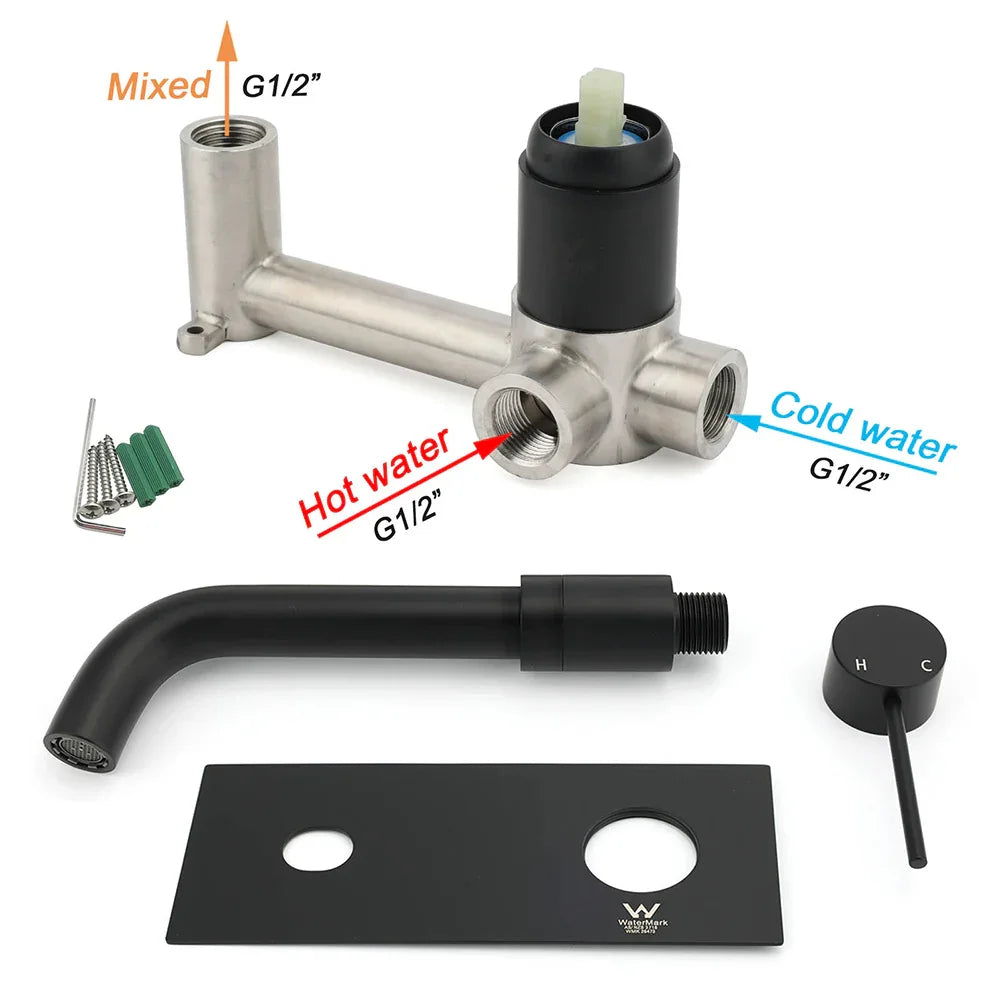 Matt Black Round Basin Mixer Bathtub Wall Mounted Faucet Tap Laundry Spout Set