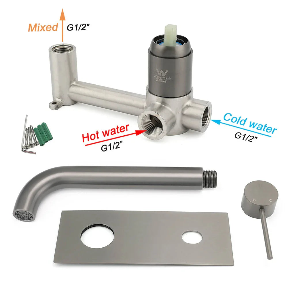WELS Gun Metal Round Wall Basin Mixer Vanity Sink Tap Hot Cold Faucet Spout