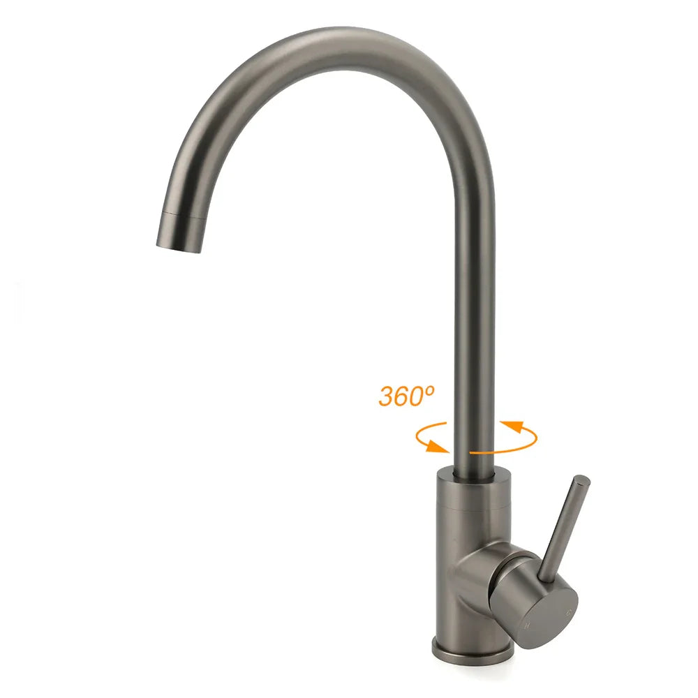 Gun Metal Round Kitchen Mixer Sink Tap 360° Swivel Laundry Basin Faucet Spout Set