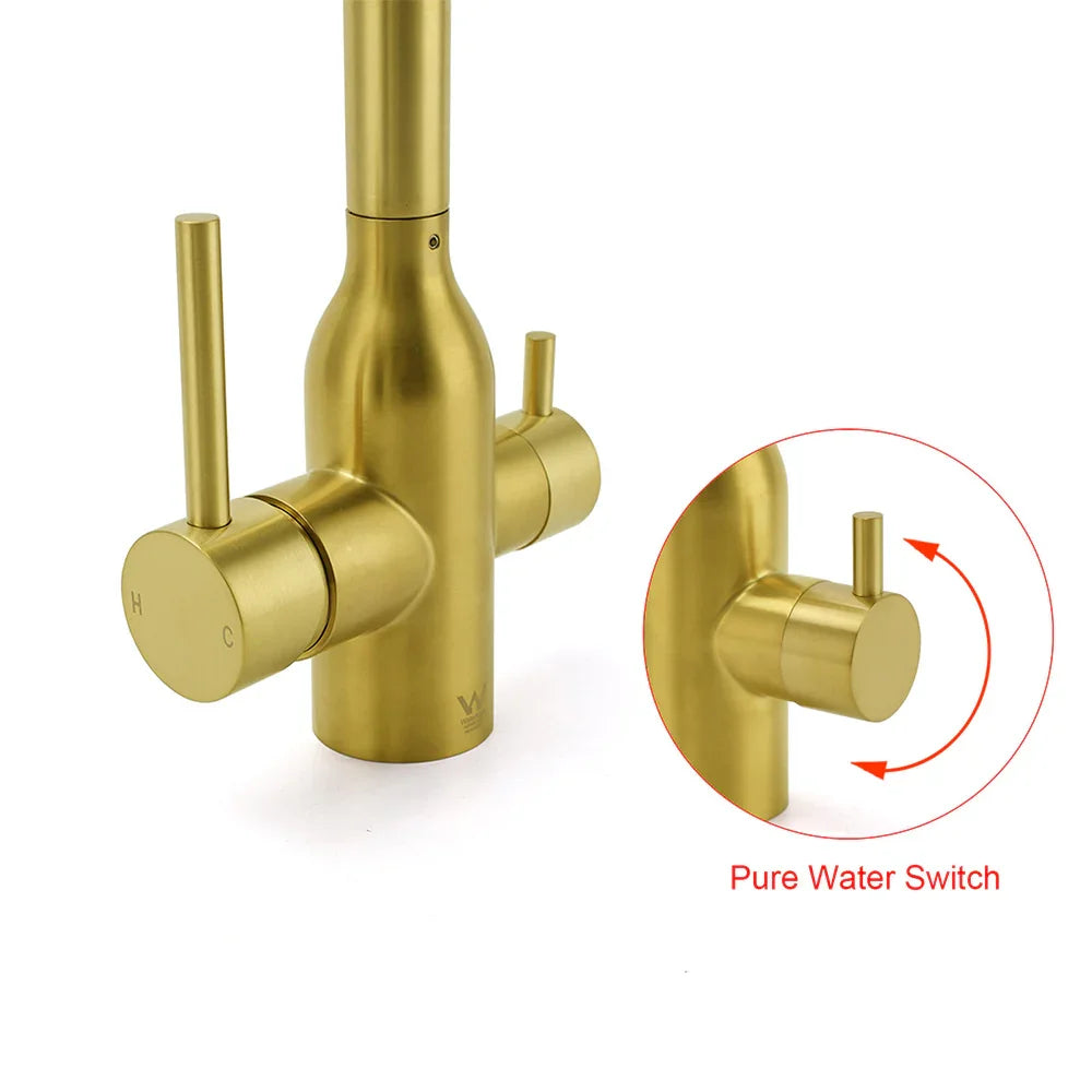 WELS Brushed Gold 3 Ways Kitchen Mixer Tap Swivel Spout Pure Water Sink Faucet Set