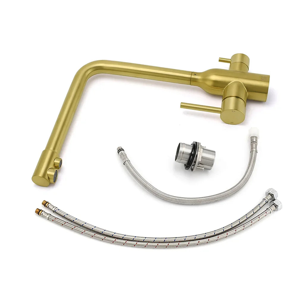 WELS Brushed Gold 3 Ways Kitchen Mixer Tap Swivel Spout Pure Water Sink Faucet Set