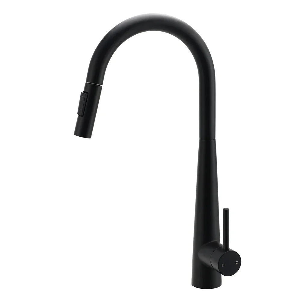 Round Matt Black Pull Out Kitchen Sink Tap Laundry Basin Mixer 2 Way Spout Set