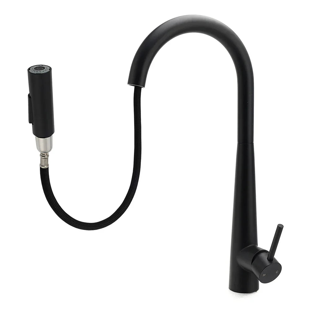 Round Matt Black Pull Out Kitchen Sink Tap Laundry Basin Mixer 2 Way Spout Set